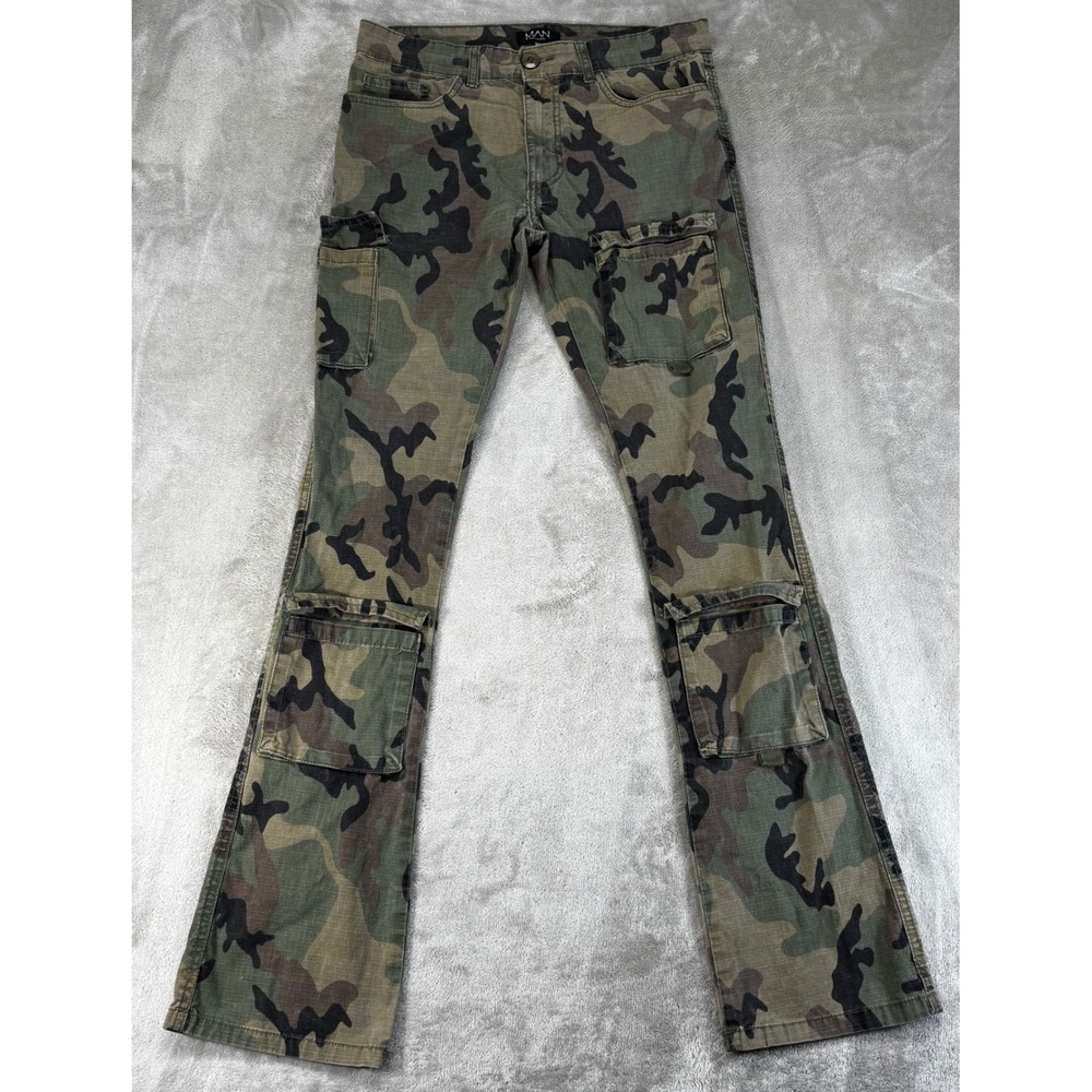 BoohooMAN Cargo Pants Mens 30 Green Camo Excellent‎ Ripstop Slim Flare 8-Pocket